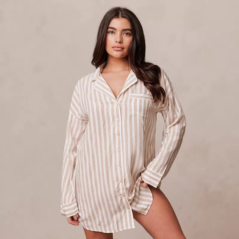 Sale Lounge Underwear Pinstripe Übergroßes Schlafanzug Shirt - Hellbraun