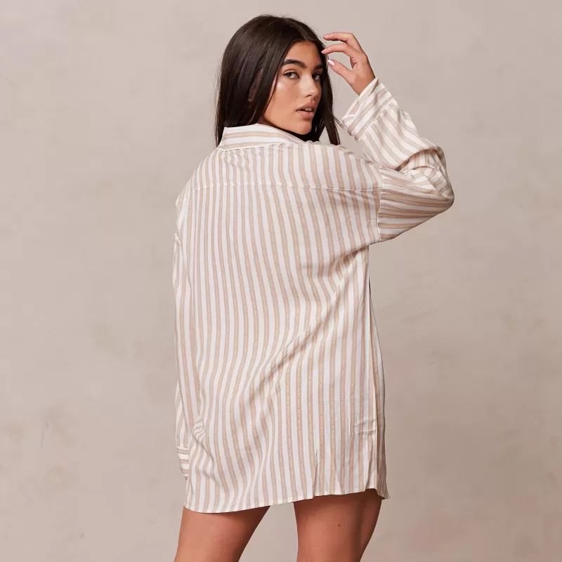Sale Lounge Underwear Pinstripe Übergroßes Schlafanzug Shirt - Hellbraun