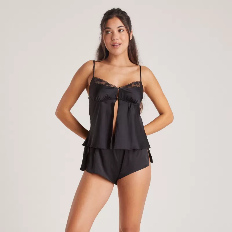 Outlet Lounge Underwear Satin Schleife Pyjama-Cami - Schwarz
